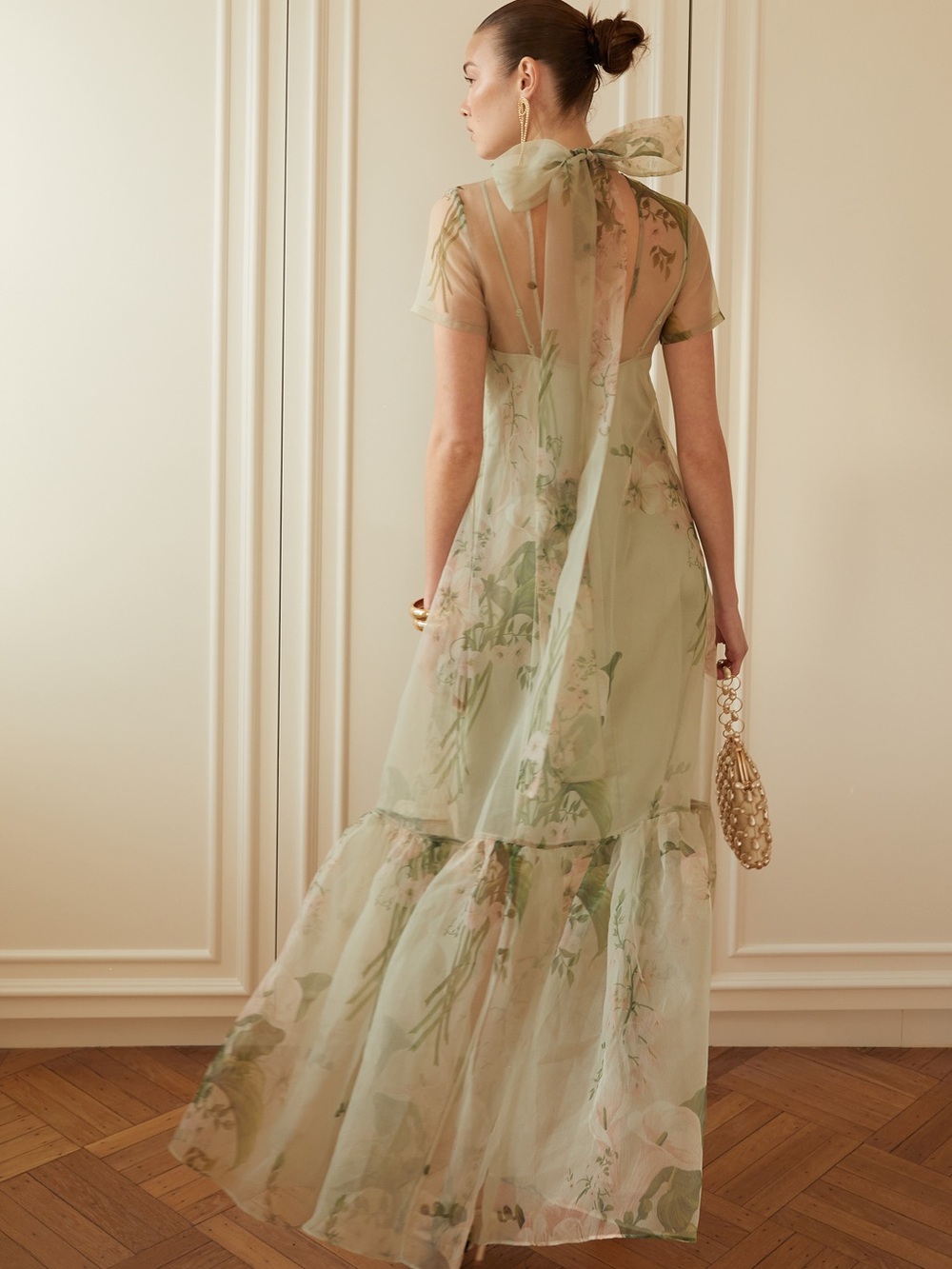 Sheer Sage Floral Maxi Dress with Neck Tie